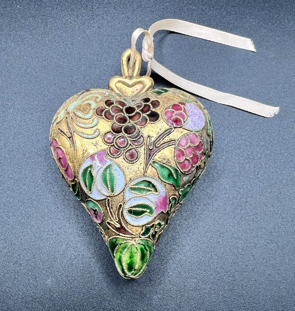 Vintage Cloisonné Heart Christmas Ornament 4” x 3” x 1.5” Enamel over Metal FAB!